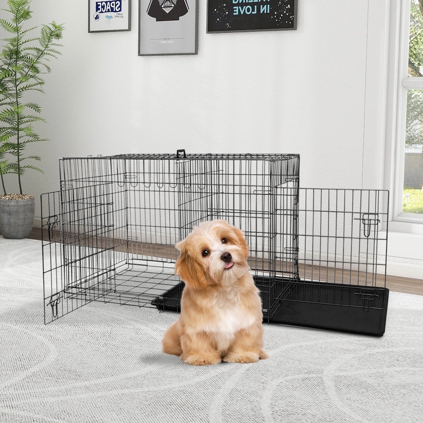 Small 24-Inch Foldable Dog Crate – Heavy-Duty Metal Cage with Double Doors & Tray