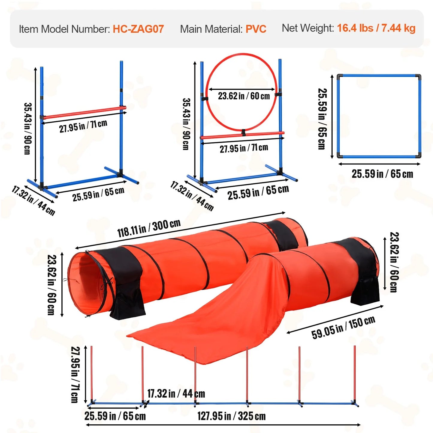Dog Agility Training Equipment 7 PCS Set Upgrade W/ Hurdles 2 Tunnels Ring