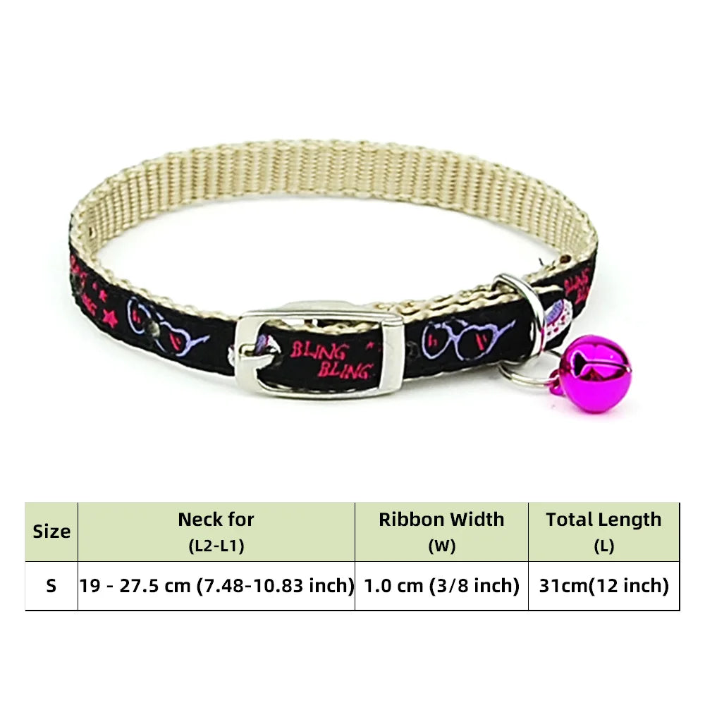 Adjustable Nylon Dog Collar – Embroidered Waistband Style with Bell for Dogs & Cats