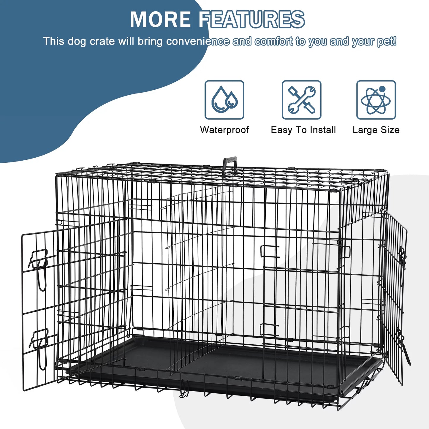 Large 42-Inch Foldable Dog Crate – Heavy-Duty Metal Cage with Double Doors & Tray