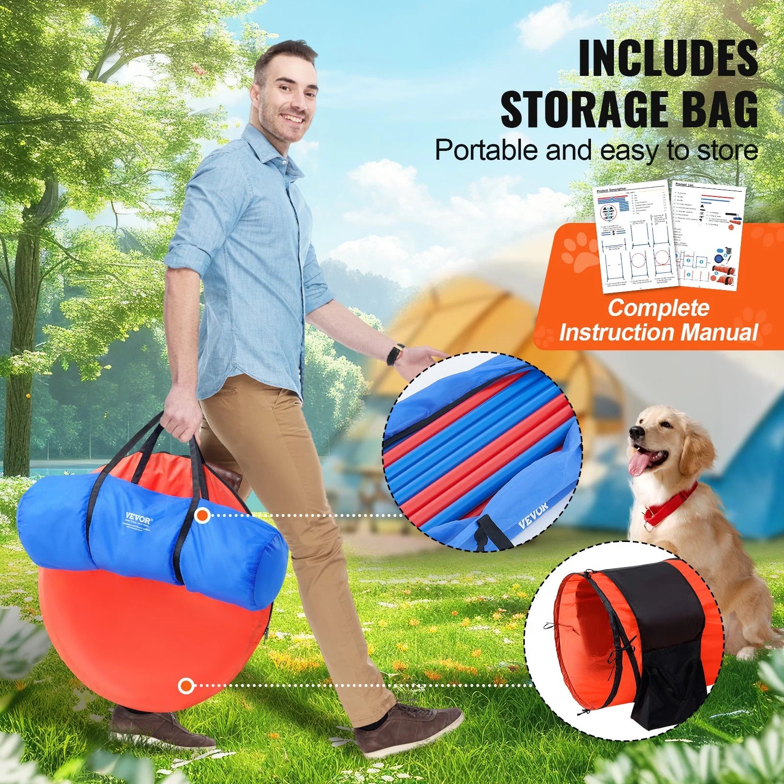 Dog Agility Training Equipment 7 PCS Set Upgrade W/ Hurdles 2 Tunnels Ring