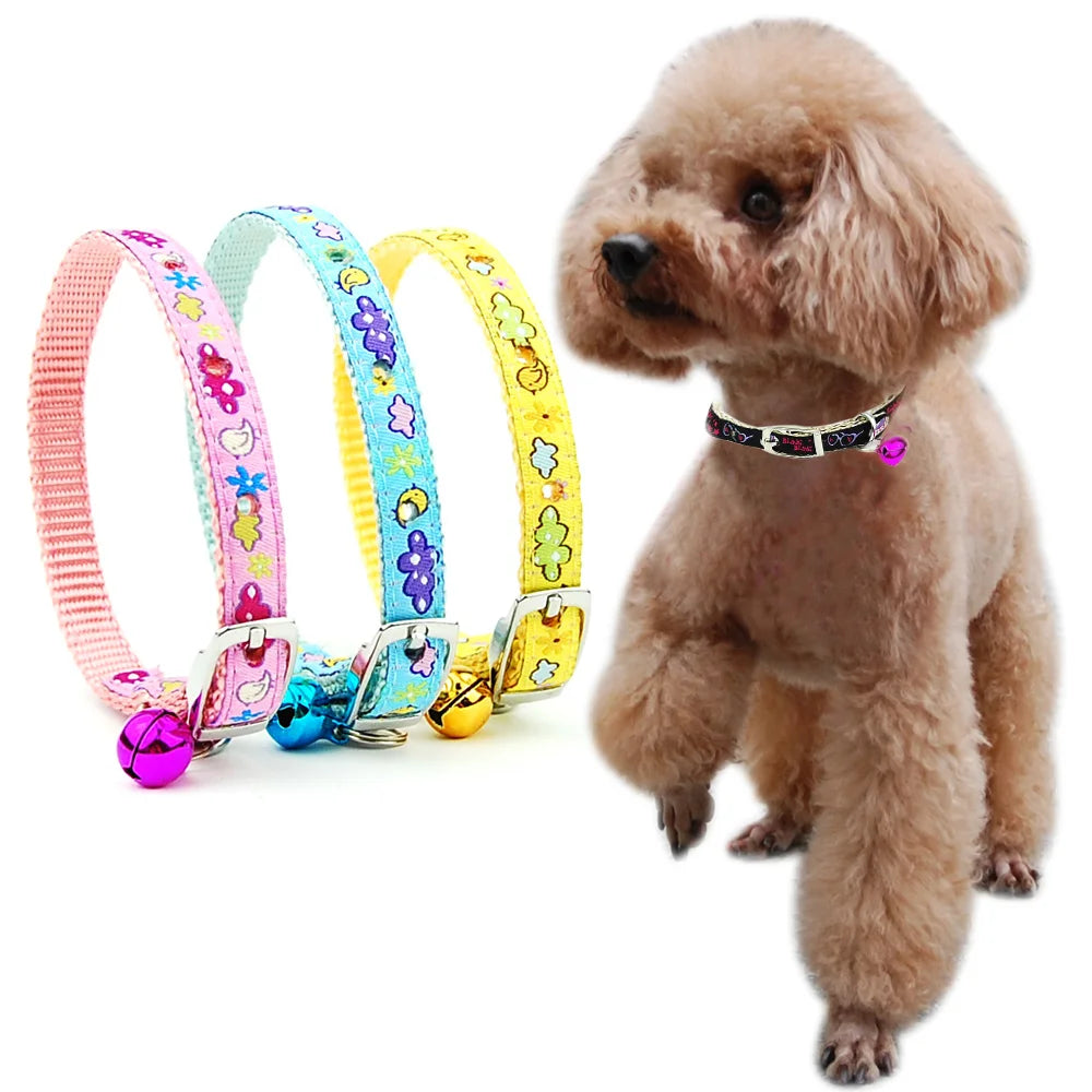 Adjustable Nylon Dog Collar – Embroidered Waistband Style with Bell for Dogs & Cats