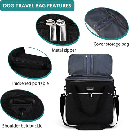 Pet Travel Bag (All Pet Travel Supplies), with 2 Pet Food Containers and 2 Collapsible Silicone Bowls; Essential Kits for Pet Travel (Black)
