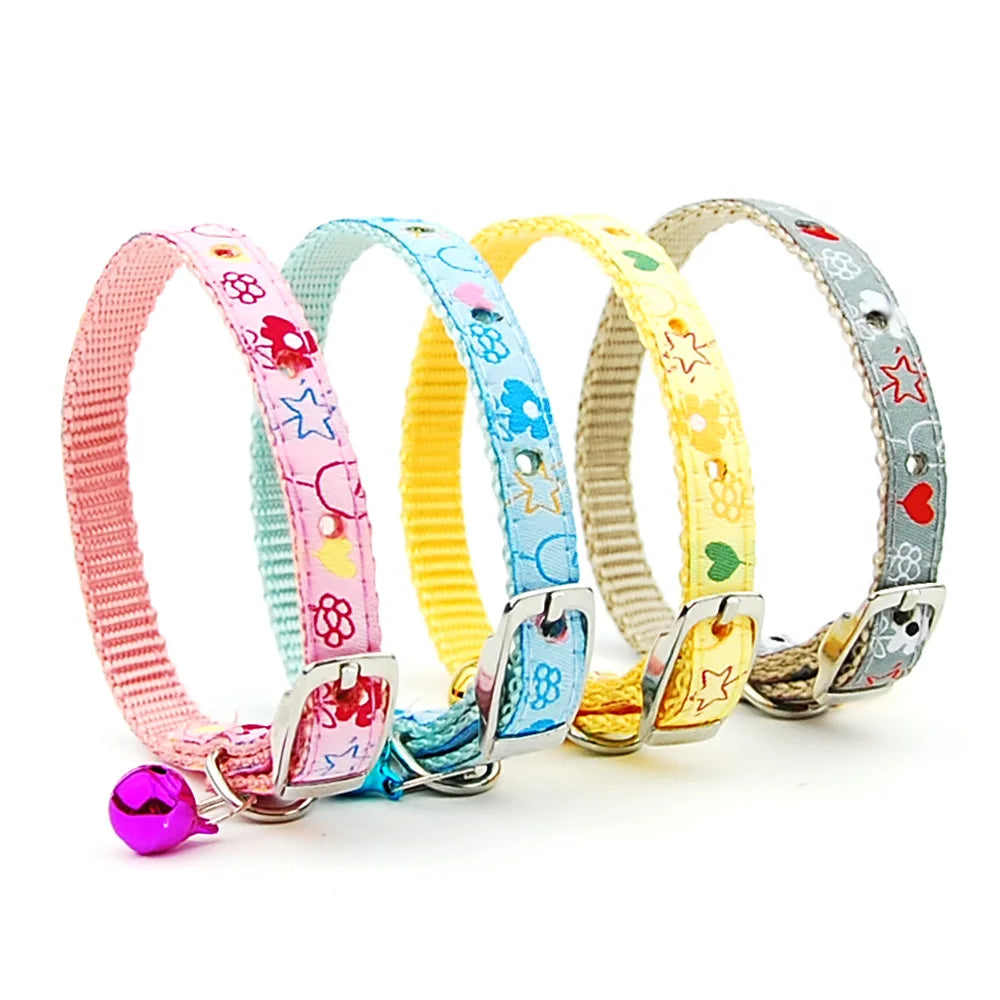 Adjustable Nylon Dog Collar – Embroidered Waistband Style with Bell for Dogs & Cats