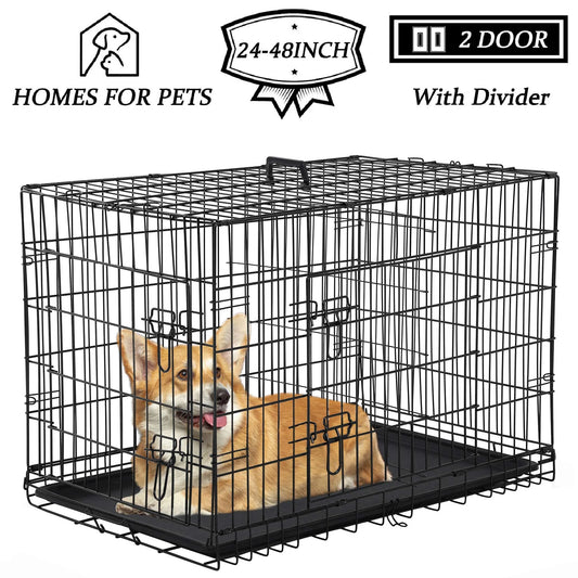 Small 24-Inch Foldable Dog Crate – Heavy-Duty Metal Cage with Double Doors & Tray