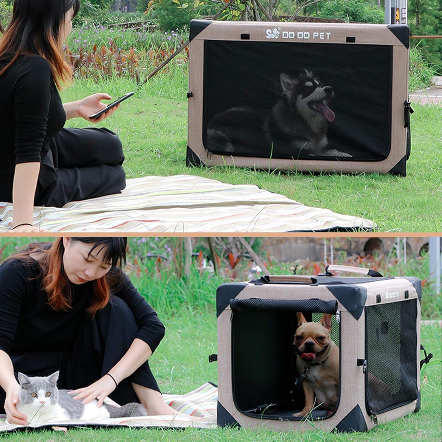 Portable Soft Dog Crate – Foldable, Locking Zippers & 4-Door Mesh for Travel