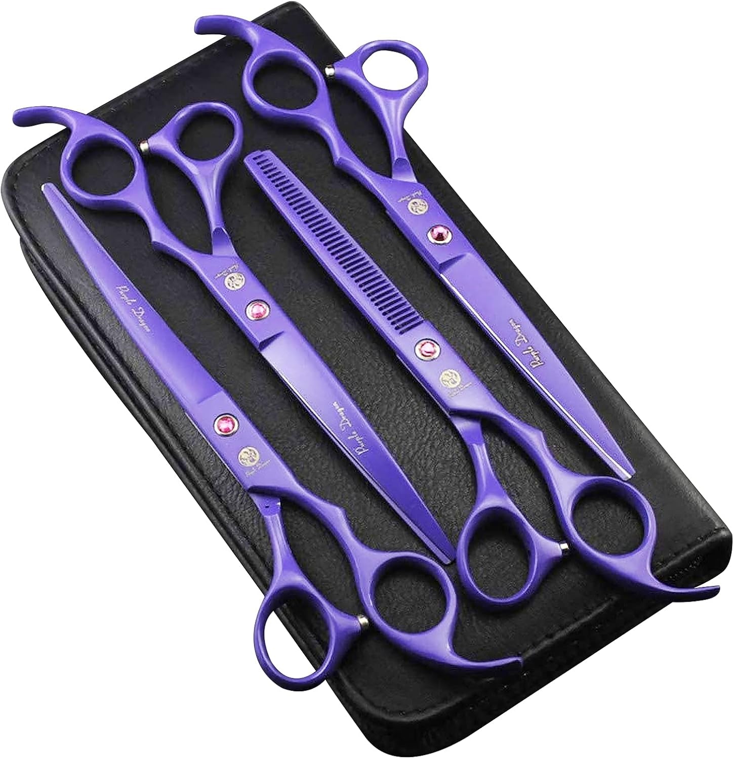 Purple Japanese Premium Steel 7" Pet Grooming Scissors – Straight, Thinning & Curved Blades with Case