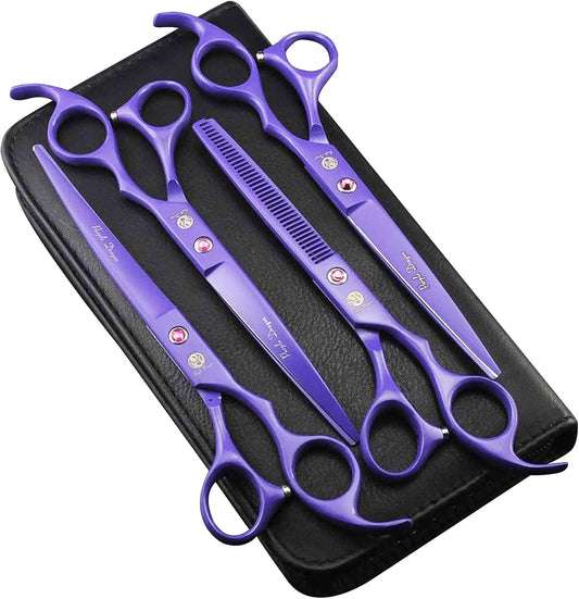 Purple Japanese Premium Steel 7" Pet Grooming Scissors – Straight, Thinning & Curved Blades with Case