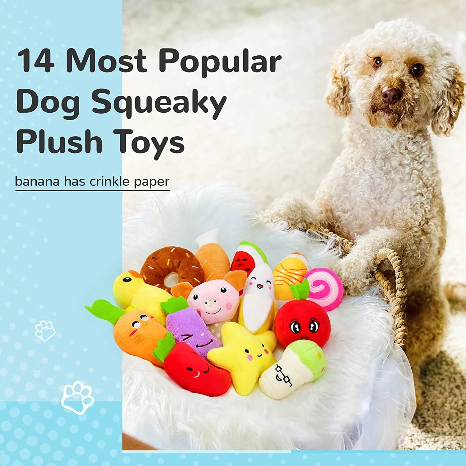 14-Pack Squeaky Pet Toy Set – Plush Fruits, Snacks & Veggies for Small & Medium Pets