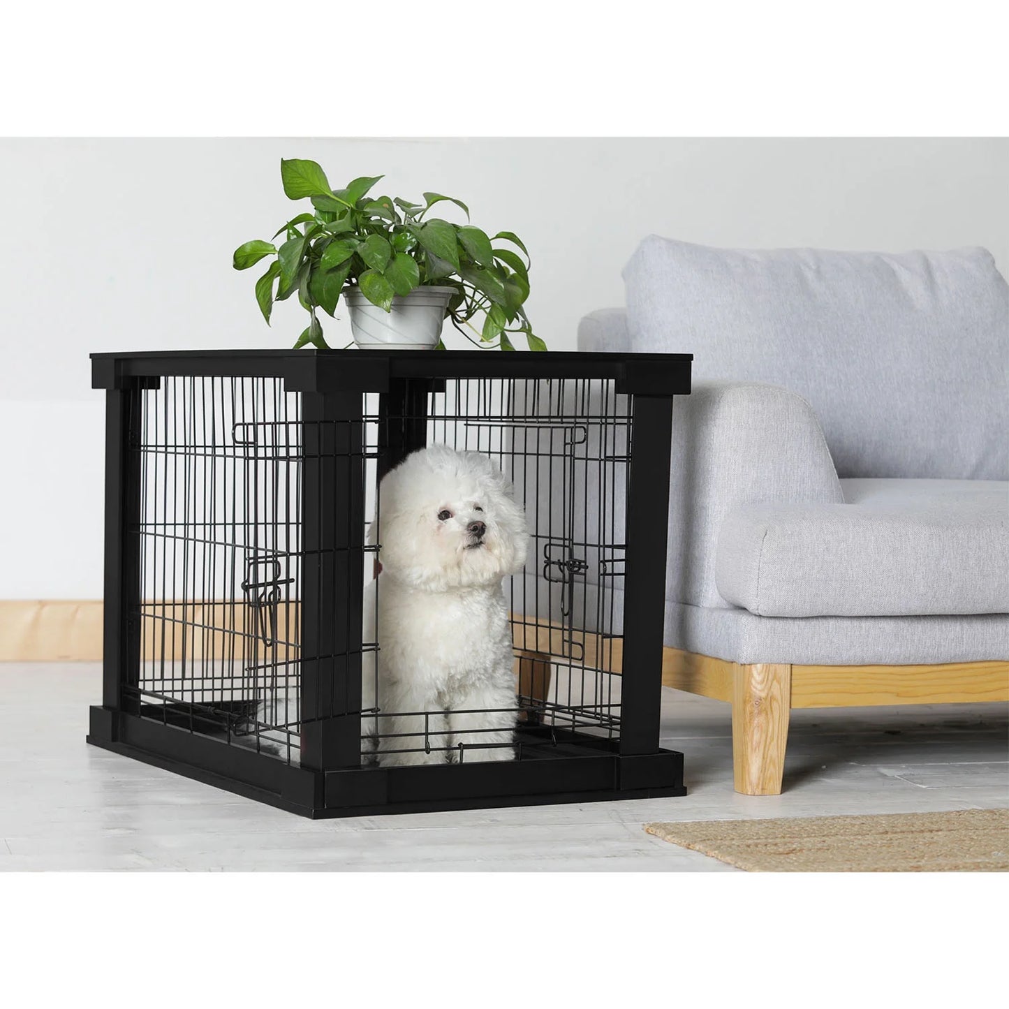 - High-End Pet Crate – Black Wooden End Table with Stylish Protective Cage