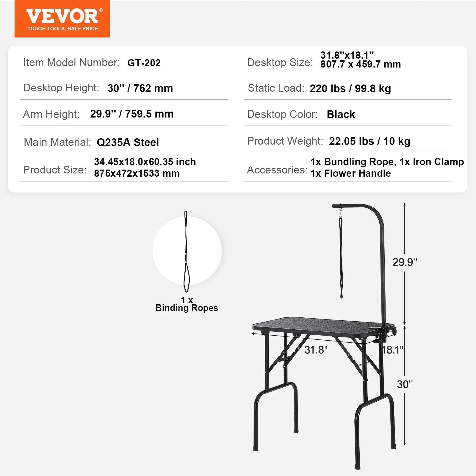 Foldable 32” Grooming Table Arm – Adjustable Height Clamp for Dogs & Cats