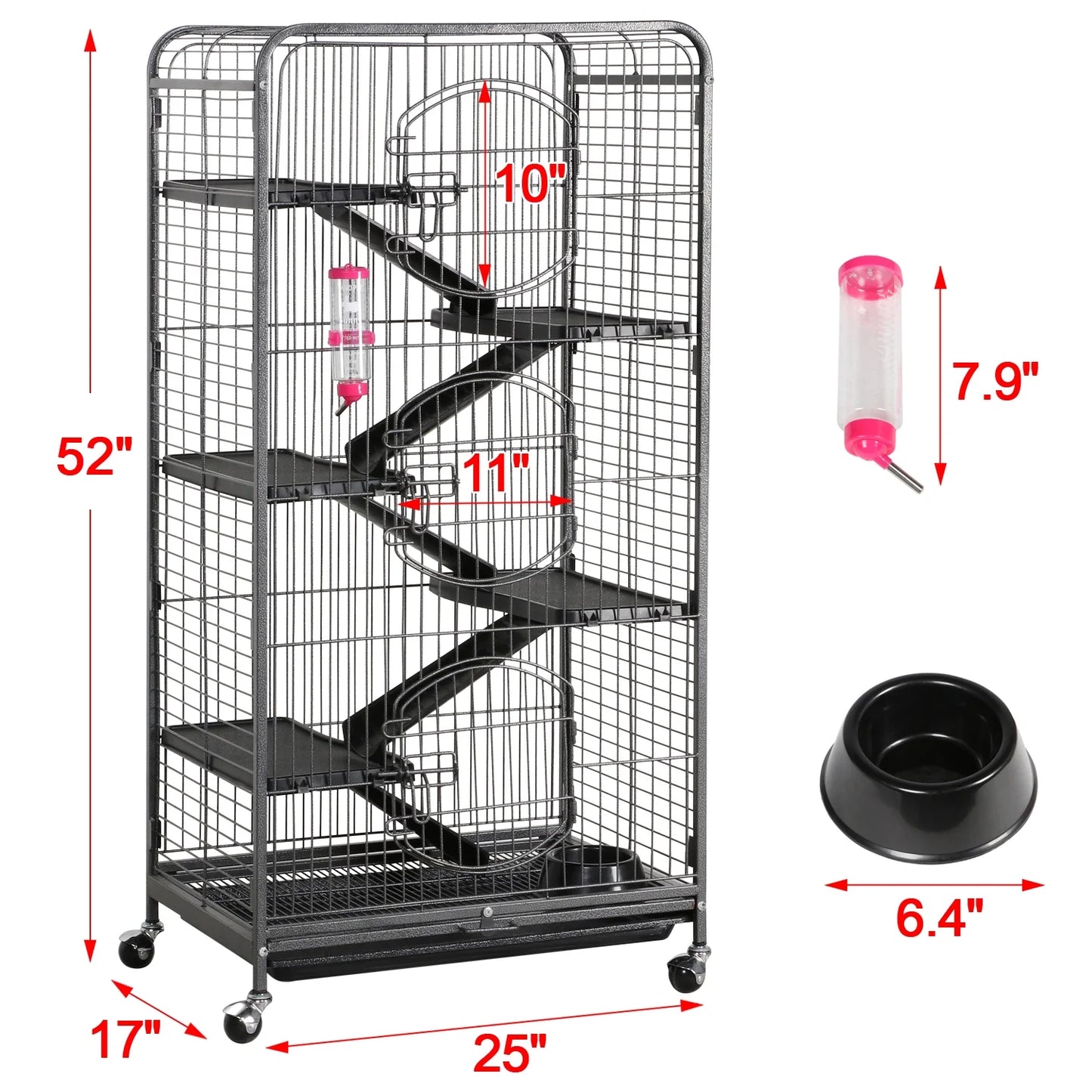 52''H Small Animals Rolling Cage 6 Levels 3 Front Doors Pet Bowl Water Bottle, Black