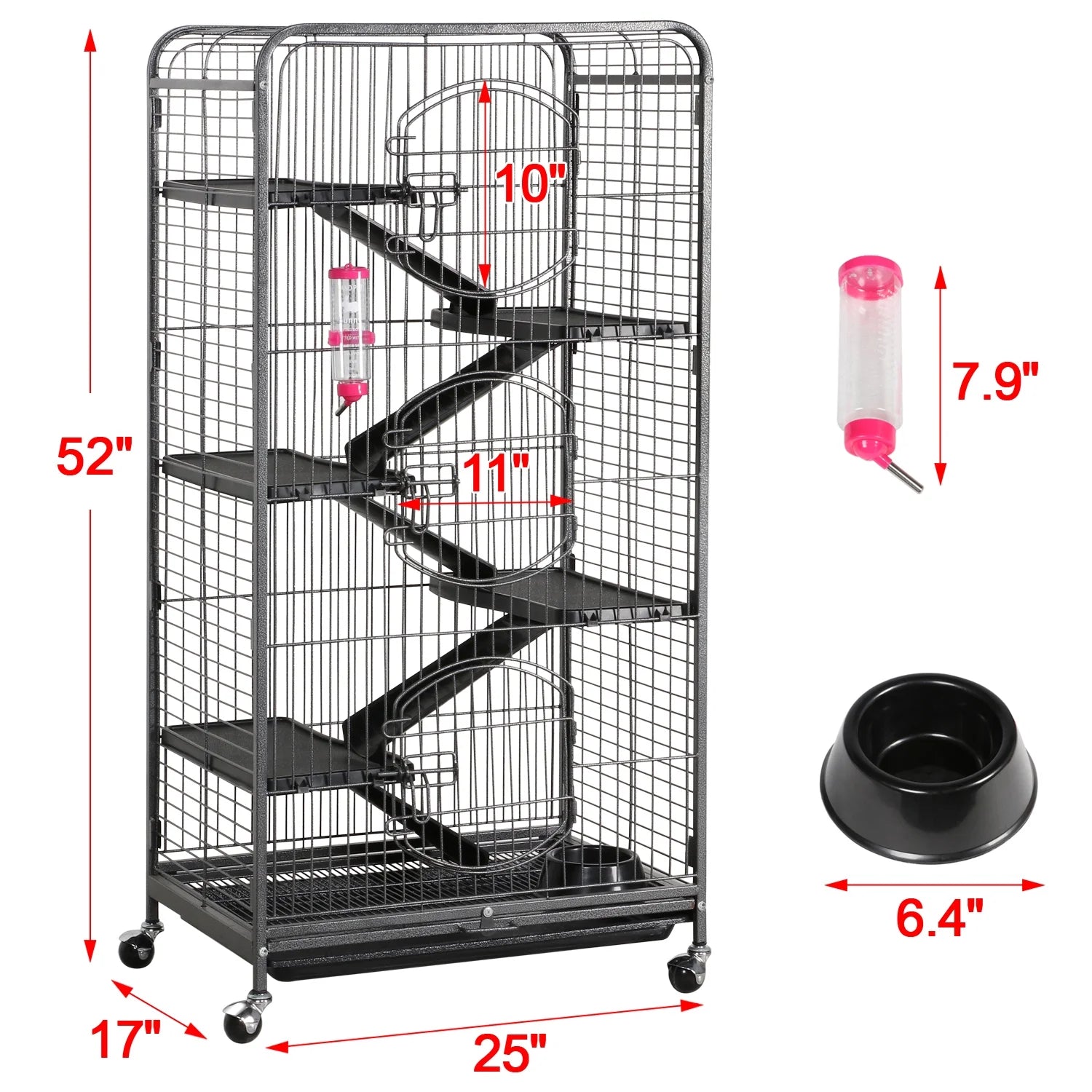 52''H Small Animals Rolling Cage 6 Levels 3 Front Doors Pet Bowl Water Bottle, Black