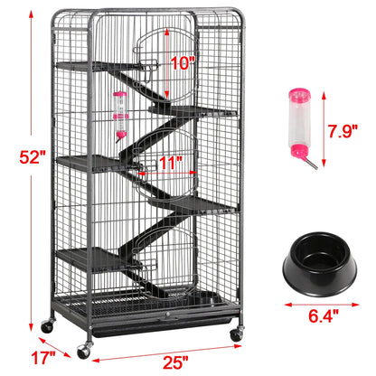 52''H Small Animals Rolling Cage 6 Levels 3 Front Doors Pet Bowl Water Bottle, Black