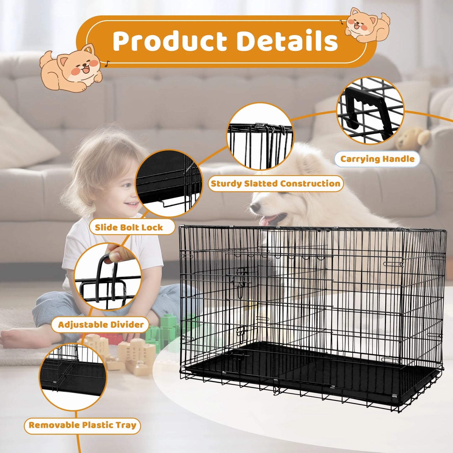 Medium 36-Inch Foldable Dog Crate – Heavy-Duty Metal Cage with Double Doors & Tray