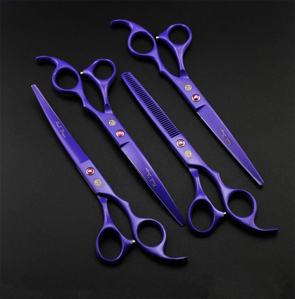 Purple Japanese Premium Steel 7" Pet Grooming Scissors – Straight, Thinning & Curved Blades with Case