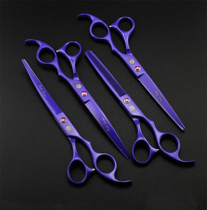 Purple Japanese Premium Steel 7" Pet Grooming Scissors – Straight, Thinning & Curved Blades with Case