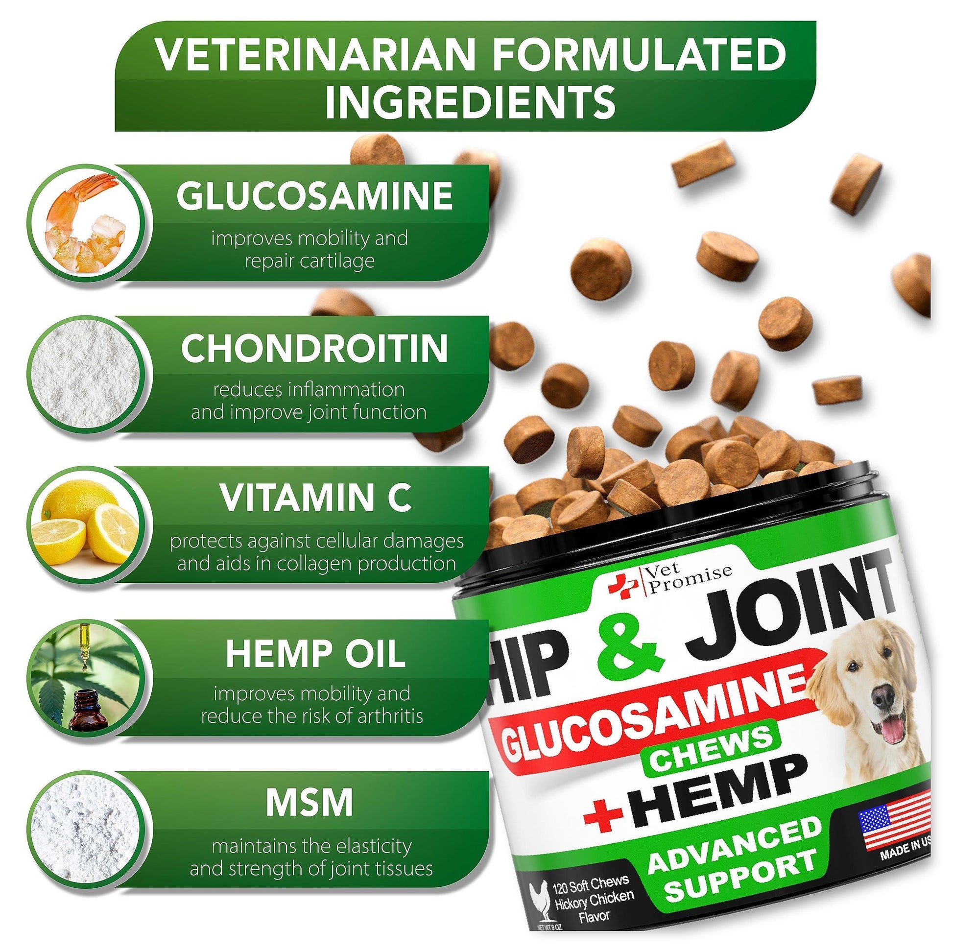 Dog Joint Supplement – Hemp & Glucosamine Chews, 120 Pack