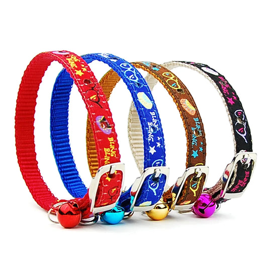 Adjustable Nylon Dog Collar – Embroidered Waistband Style with Bell for Dogs & Cats