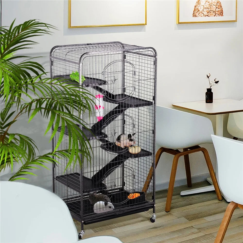 52''H Small Animals Rolling Cage 6 Levels 3 Front Doors Pet Bowl Water Bottle, Black