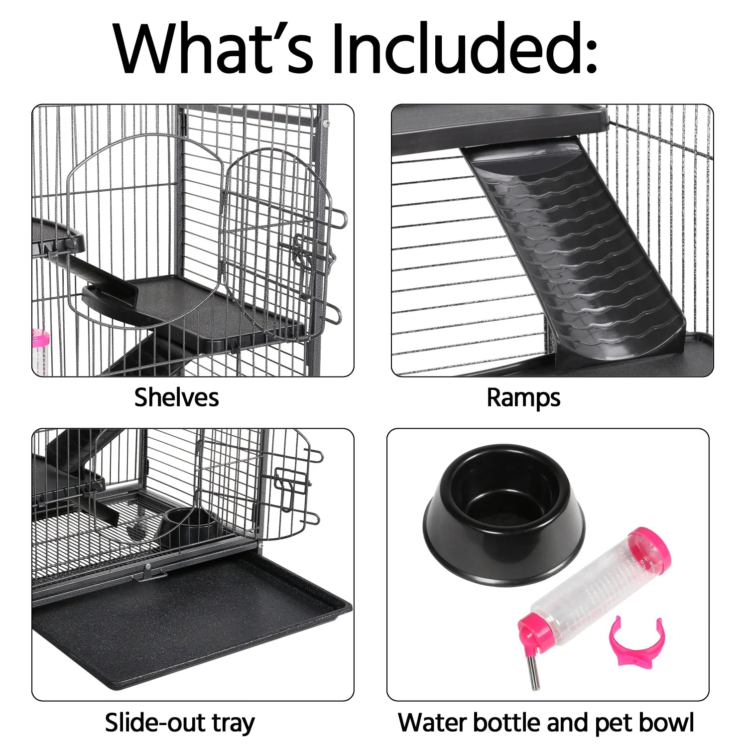52''H Small Animals Rolling Cage 6 Levels 3 Front Doors Pet Bowl Water Bottle, Black