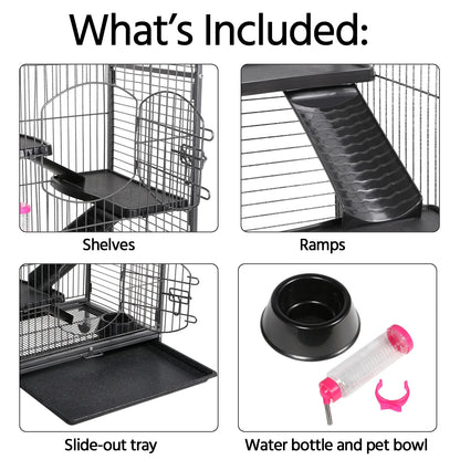 52''H Small Animals Rolling Cage 6 Levels 3 Front Doors Pet Bowl Water Bottle, Black
