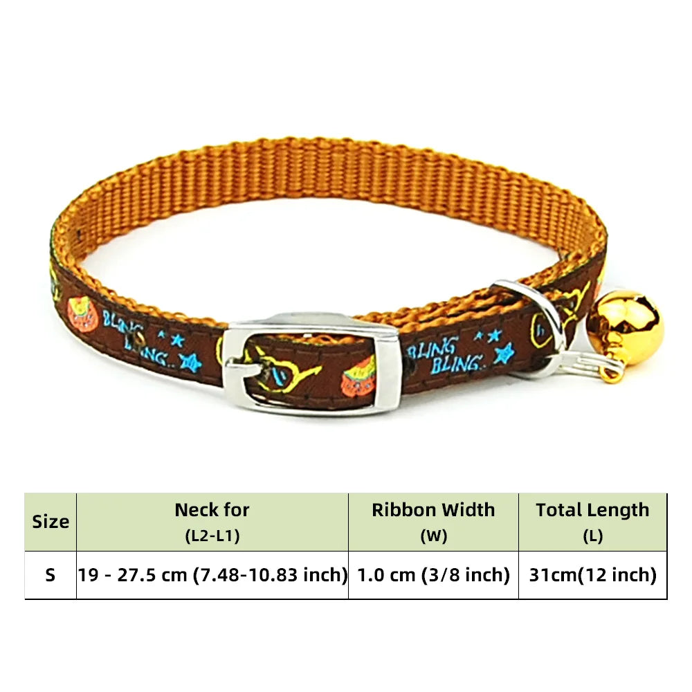 Adjustable Nylon Dog Collar – Embroidered Waistband Style with Bell for Dogs & Cats