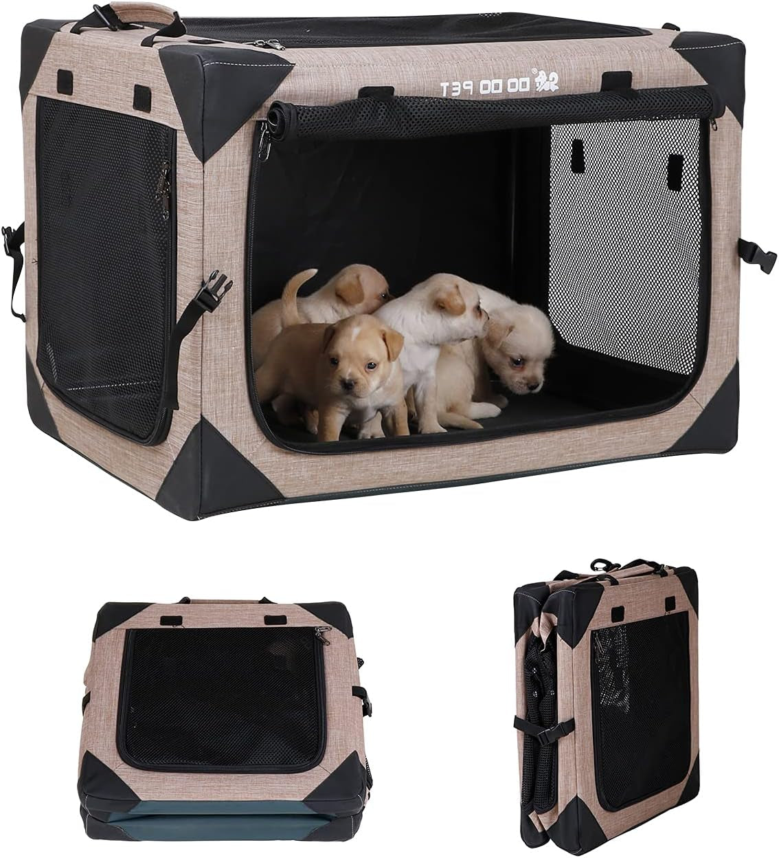 Portable Soft Dog Crate – Foldable, Locking Zippers & 4-Door Mesh for Travel