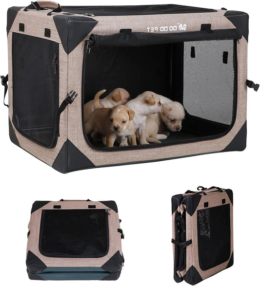 Portable Soft Dog Crate – Foldable, Locking Zippers & 4-Door Mesh for Travel