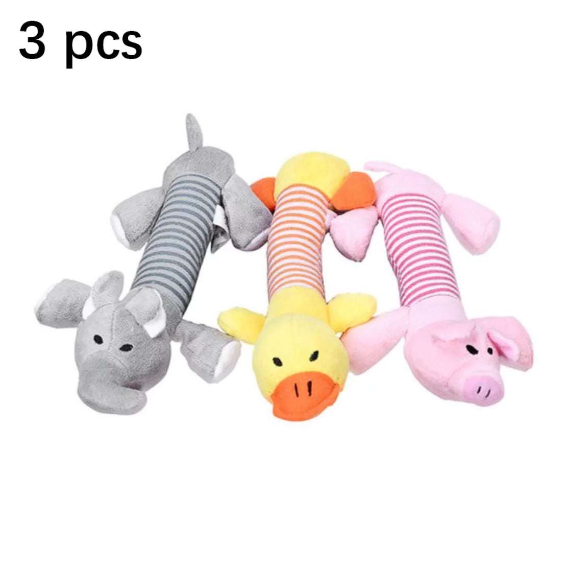 3-Pack Striped Plush Dog Toys – Squeaky Elephant, Duck & Pig for Puppies