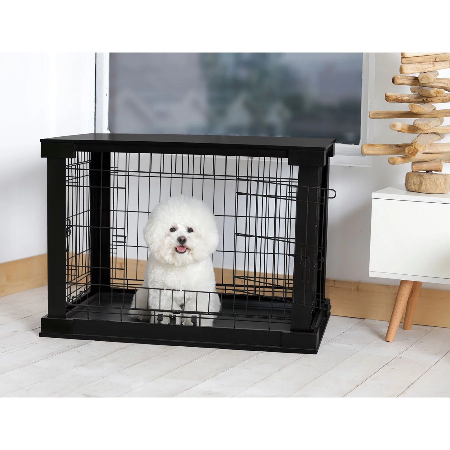 - High-End Pet Crate – Black Wooden End Table with Stylish Protective Cage