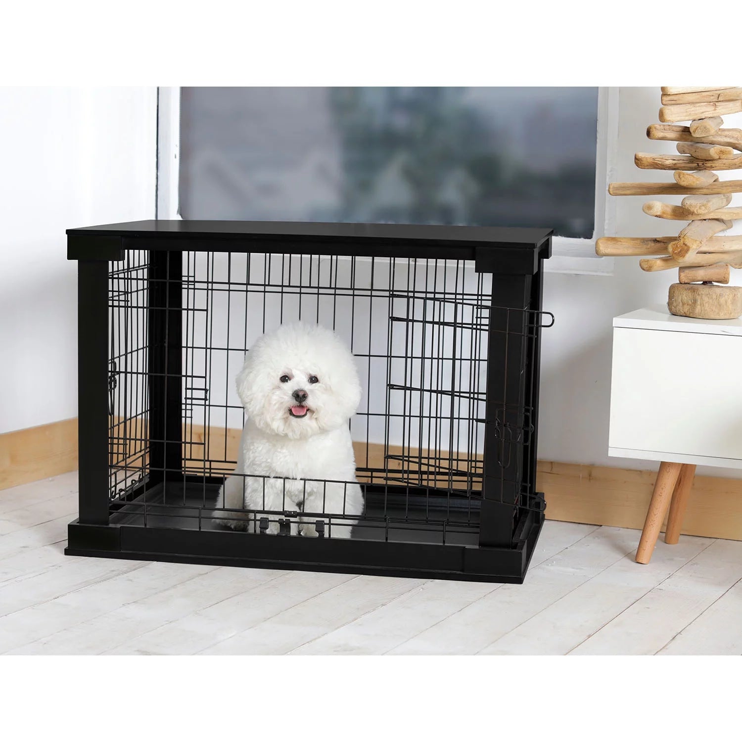 - High-End Pet Crate – Black Wooden End Table with Stylish Protective Cage