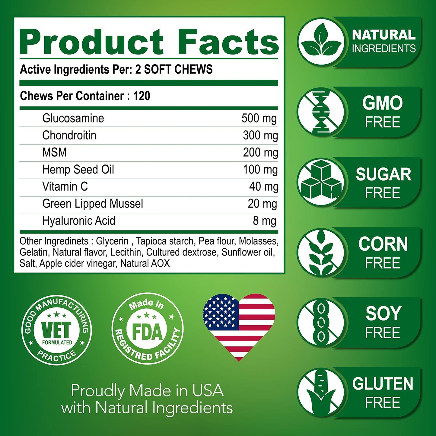 Dog Joint Supplement – Hemp & Glucosamine Chews, 120 Pack