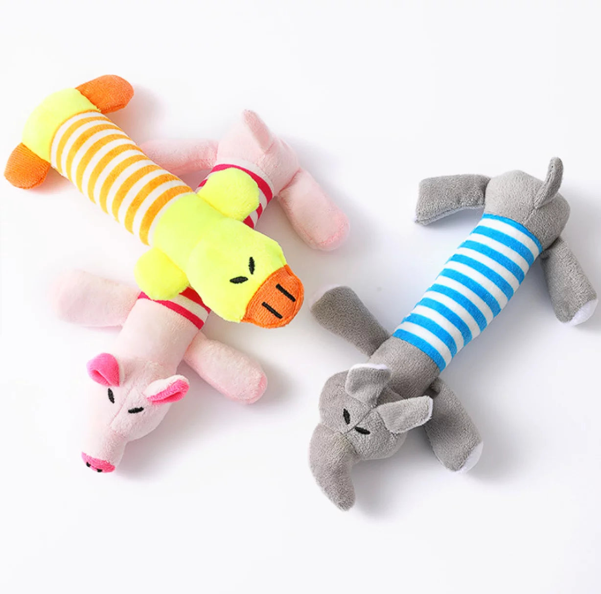 3-Pack Striped Plush Dog Toys – Squeaky Elephant, Duck & Pig for Puppies