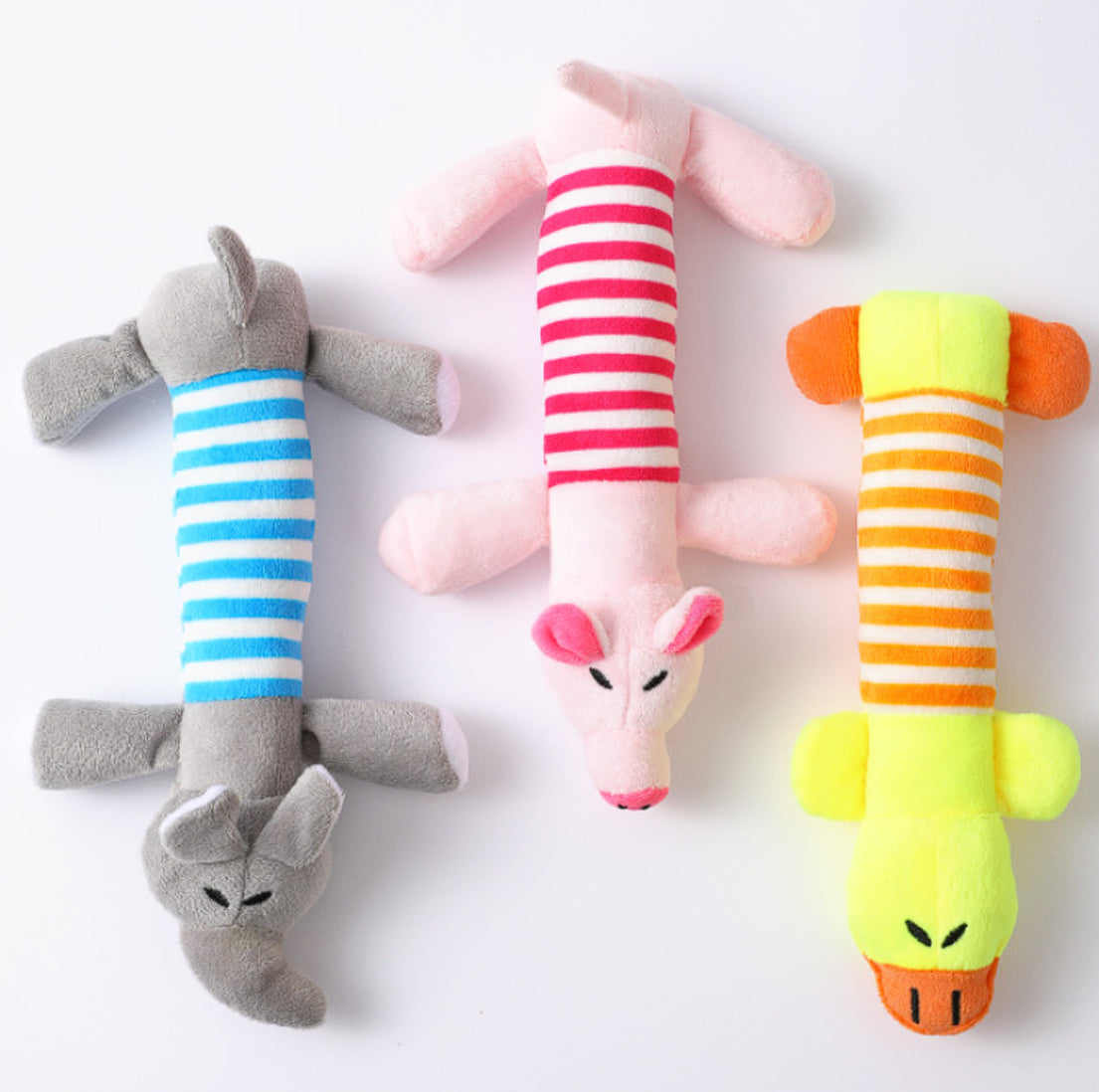 3-Pack Striped Plush Dog Toys – Squeaky Elephant, Duck & Pig for Puppies