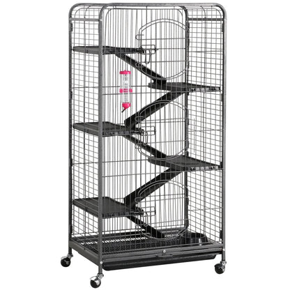 52''H Small Animals Rolling Cage 6 Levels 3 Front Doors Pet Bowl Water Bottle, Black