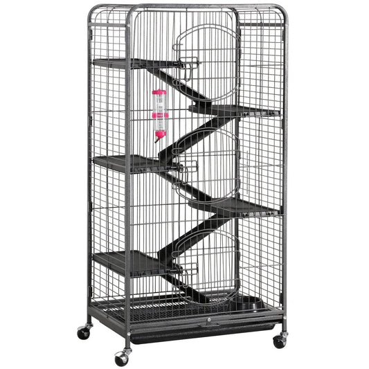 52''H Small Animals Rolling Cage 6 Levels 3 Front Doors Pet Bowl Water Bottle, Black