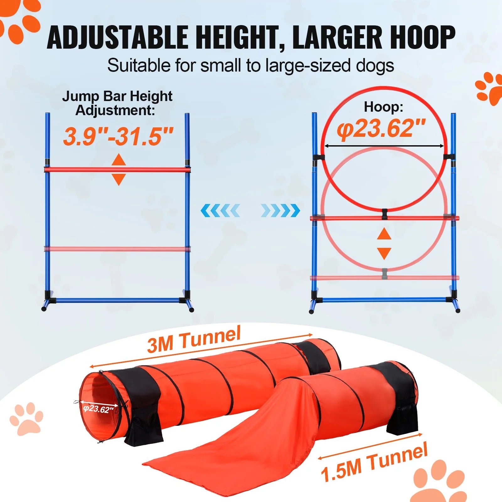 Dog Agility Training Equipment 7 PCS Set Upgrade W/ Hurdles 2 Tunnels Ring
