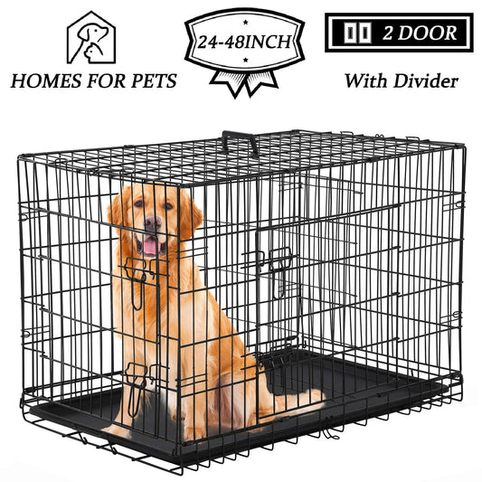 Large 42-Inch Foldable Dog Crate – Heavy-Duty Metal Cage with Double Doors & Tray