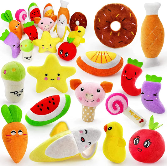 14-Pack Squeaky Pet Toy Set – Plush Fruits, Snacks & Veggies for Small & Medium Pets