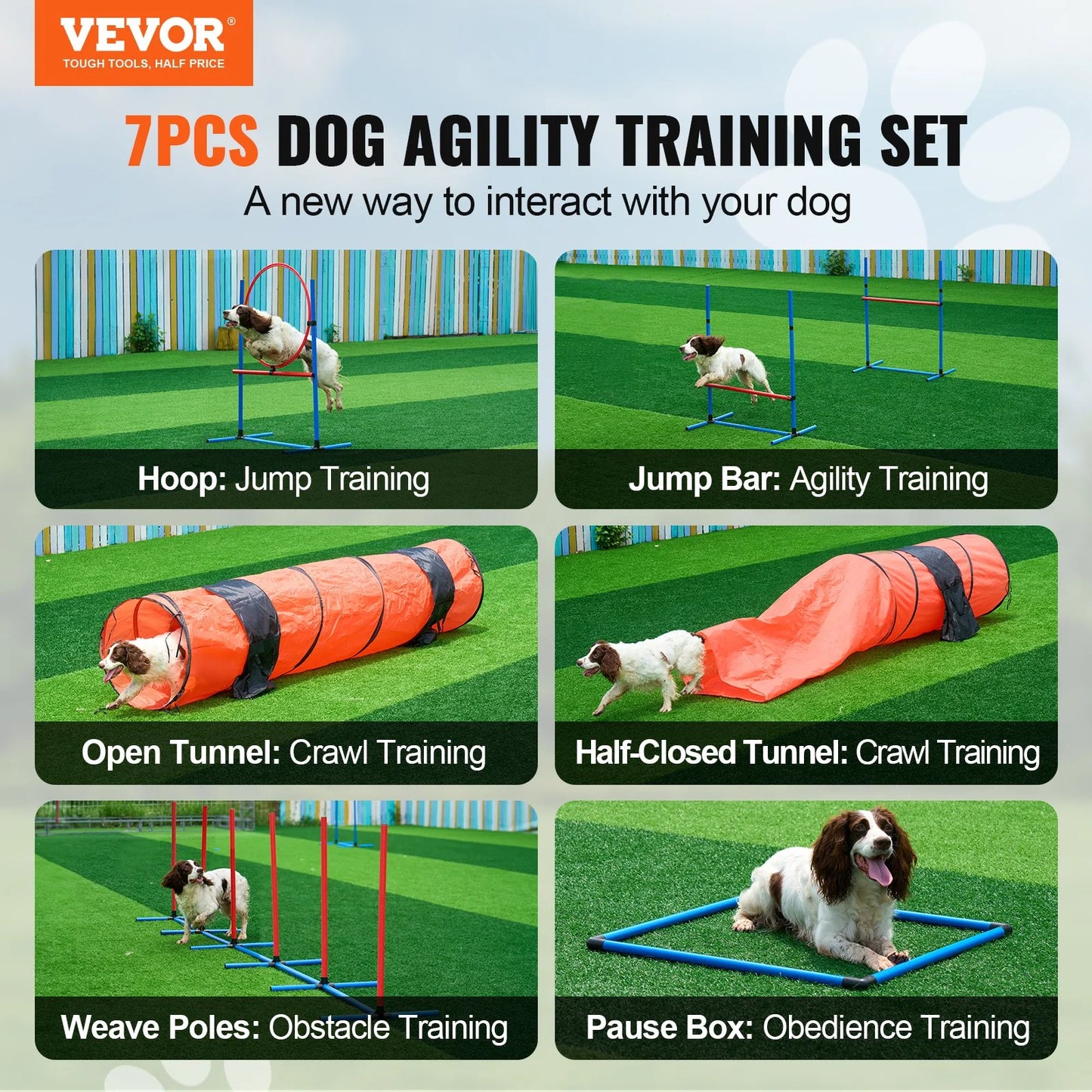 Dog Agility Training Equipment 7 PCS Set Upgrade W/ Hurdles 2 Tunnels Ring