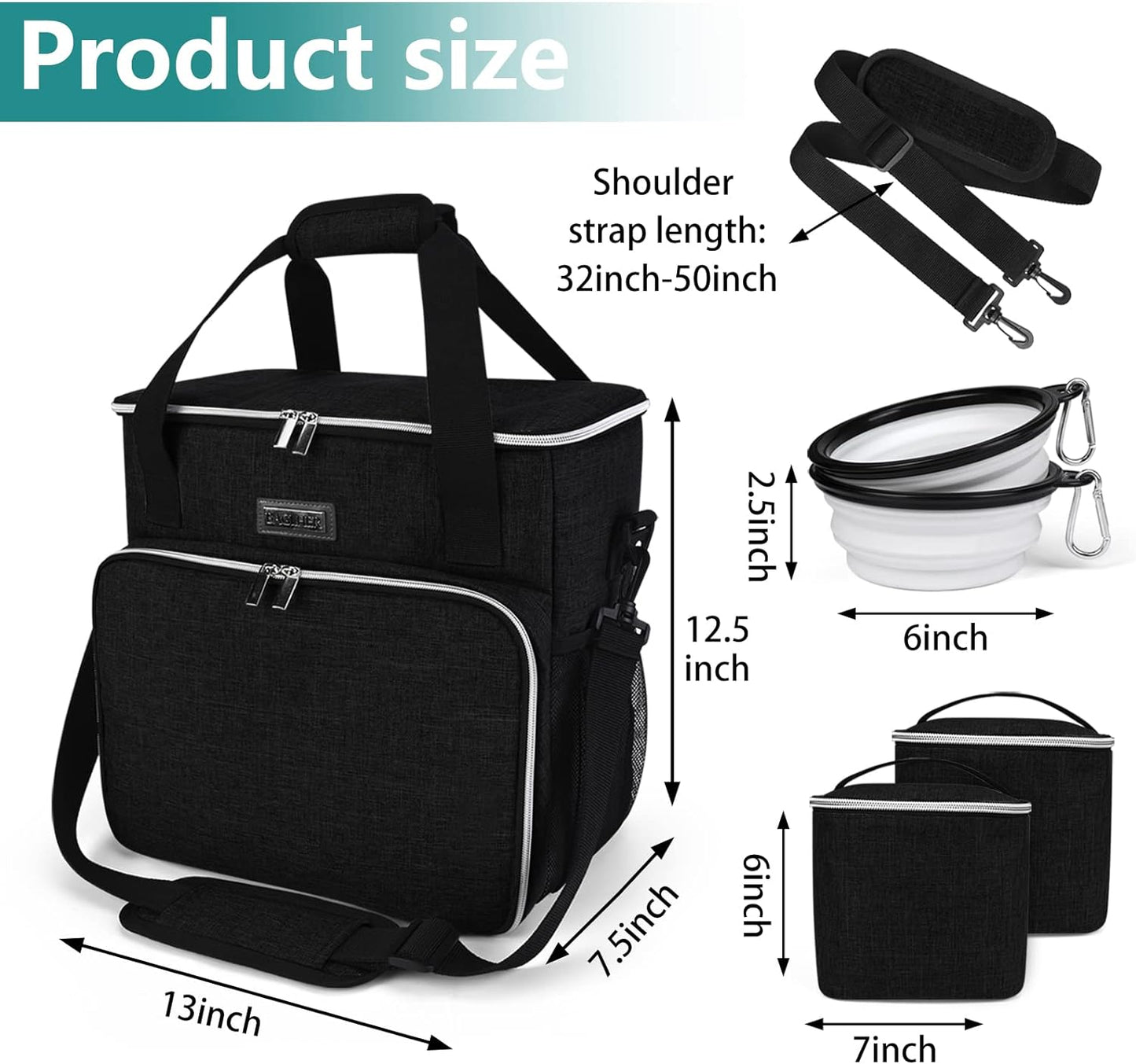 Pet Travel Bag (All Pet Travel Supplies), with 2 Pet Food Containers and 2 Collapsible Silicone Bowls; Essential Kits for Pet Travel (Black)