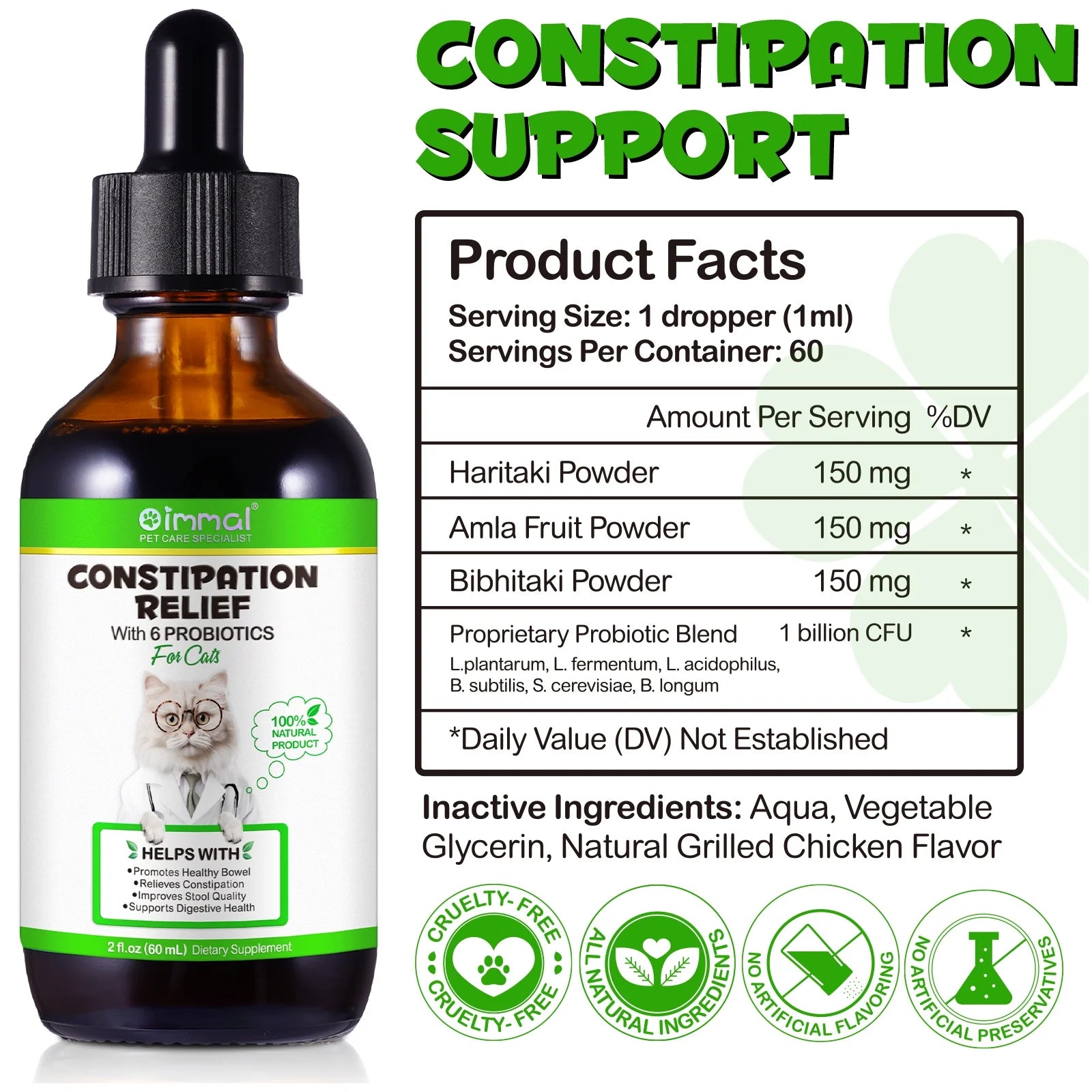 Cat Constipation Relief Drops – Natural Digestive Support with 6 Probiotics, 2oz