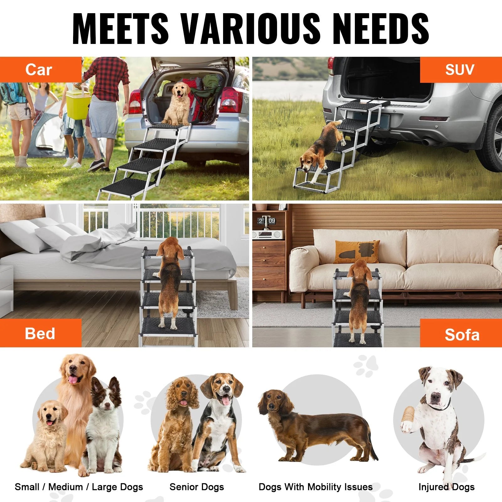 Sturdy Aluminum 4-Step Folding Dog Steps - Loads up to 150 Lbs