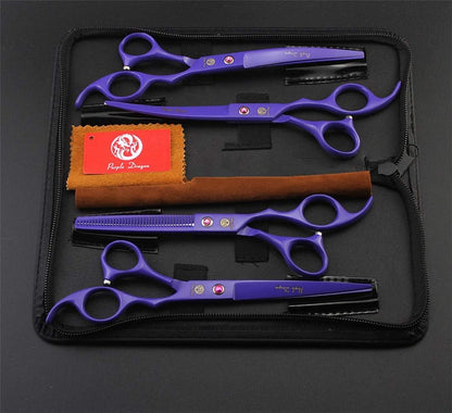 Purple Japanese Premium Steel 7" Pet Grooming Scissors – Straight, Thinning & Curved Blades with Case