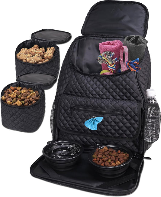 Dog Mom Essentials Travel Backpack, Airline Approved Pet Supplies Backpack,Dog Travel Backpack with 2 Silicone Collapsible Bowls and 2 Food Containers