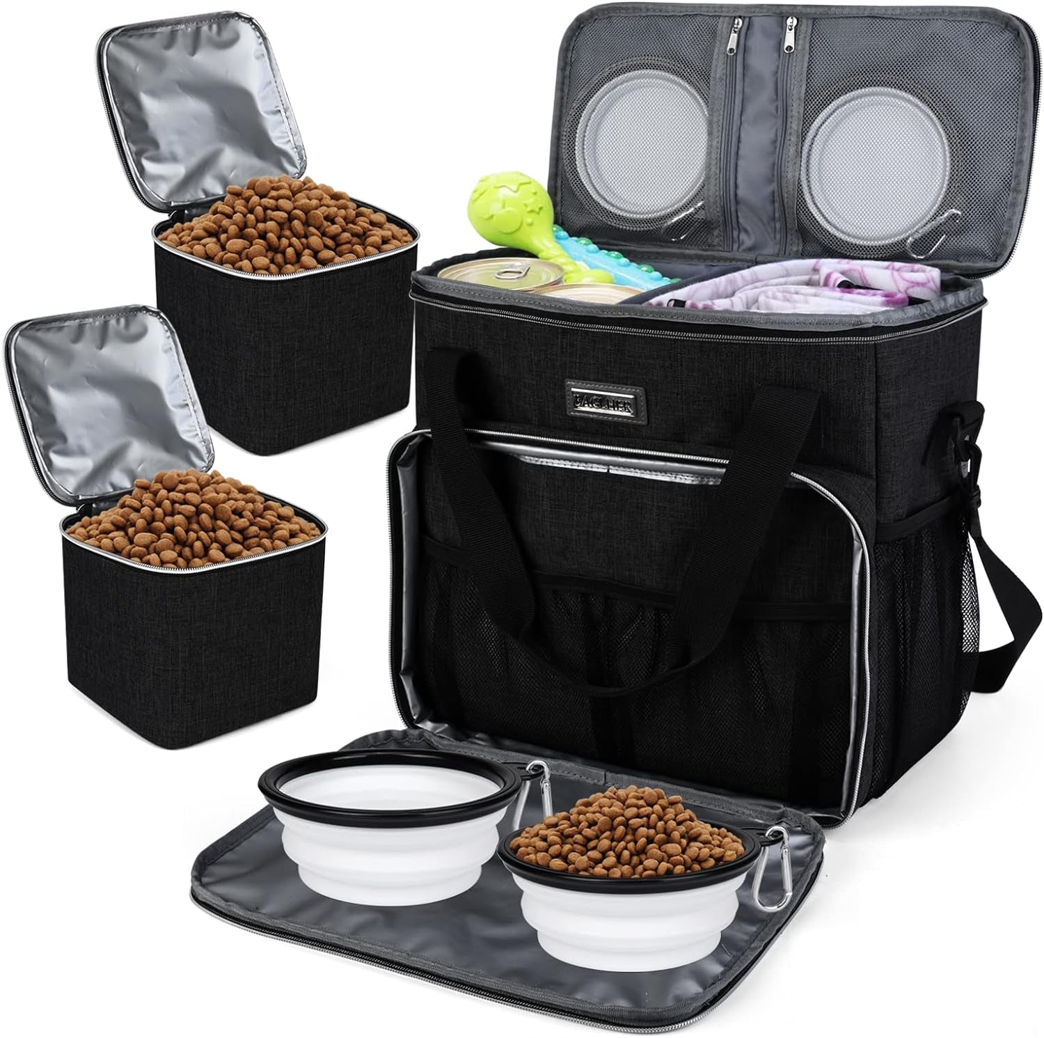 Pet Travel Bag (All Pet Travel Supplies), with 2 Pet Food Containers and 2 Collapsible Silicone Bowls; Essential Kits for Pet Travel (Black)