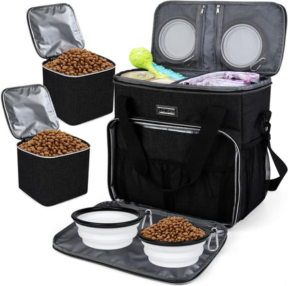 Pet Travel Bag (All Pet Travel Supplies), with 2 Pet Food Containers and 2 Collapsible Silicone Bowls; Essential Kits for Pet Travel (Black)