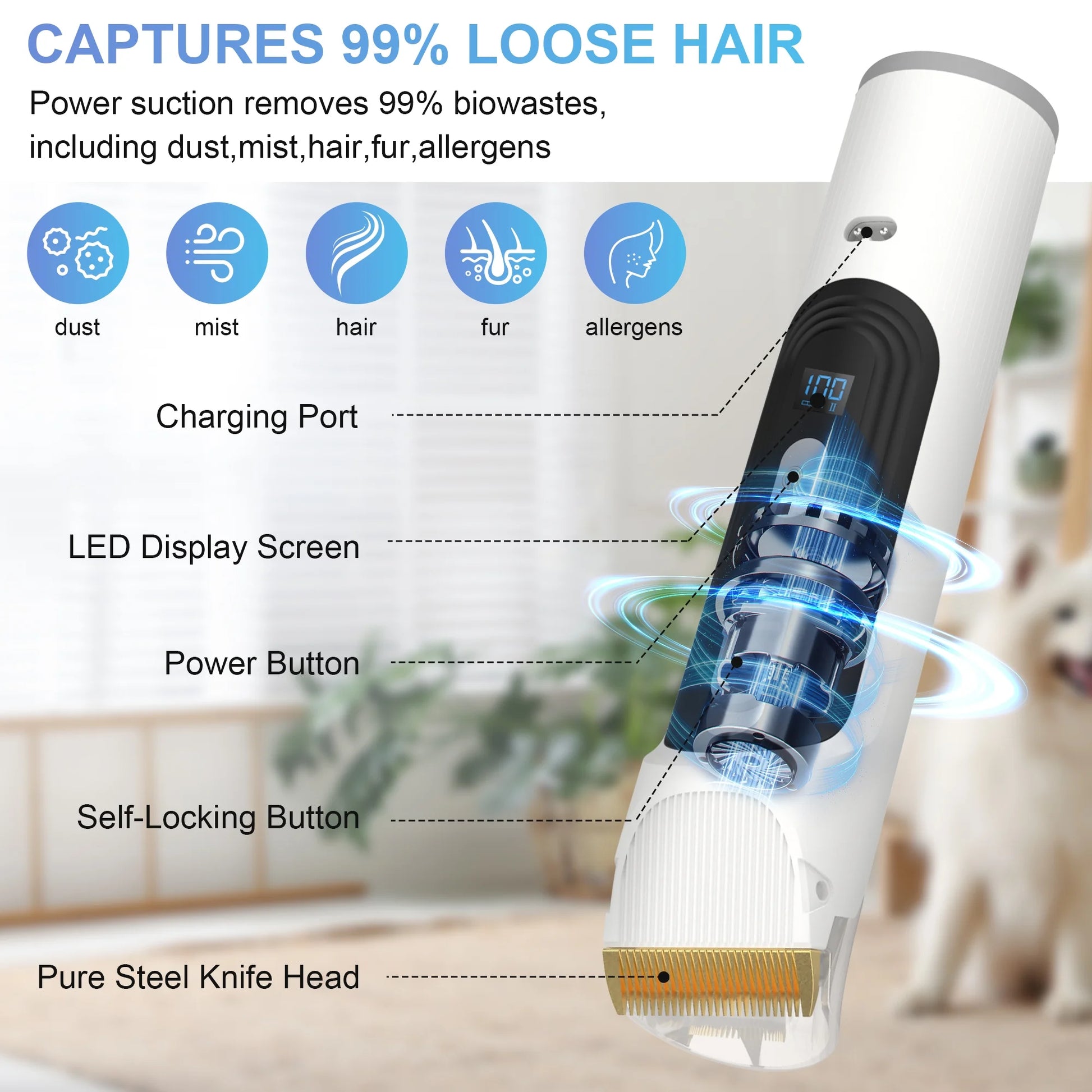 14Kpa Pet Grooming Vacuum – 2.5L Suction with 5 Grooming Tools & Clippers