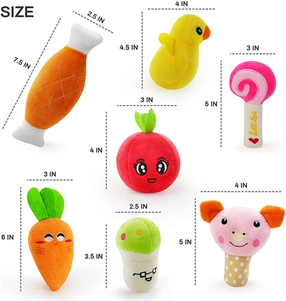 14-Pack Squeaky Pet Toy Set – Plush Fruits, Snacks & Veggies for Small & Medium Pets